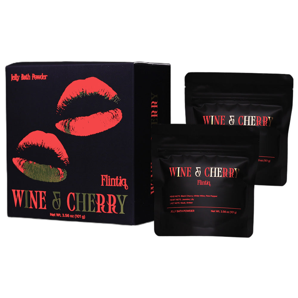 Black packaging with red lips design and 'Wine & Cherry' text on a white background
