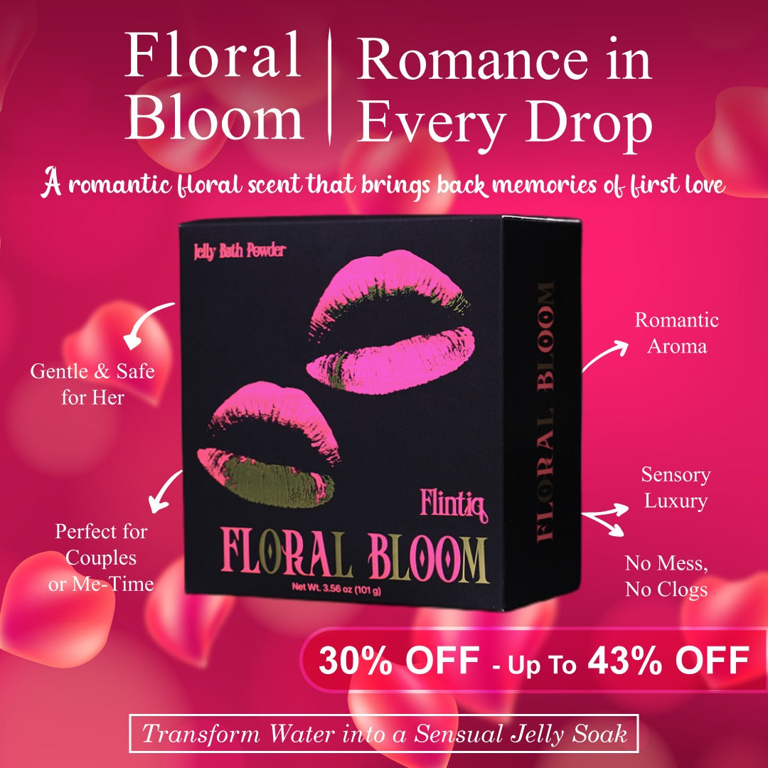 Floral Bloom product packaging with promotional text on a pink background