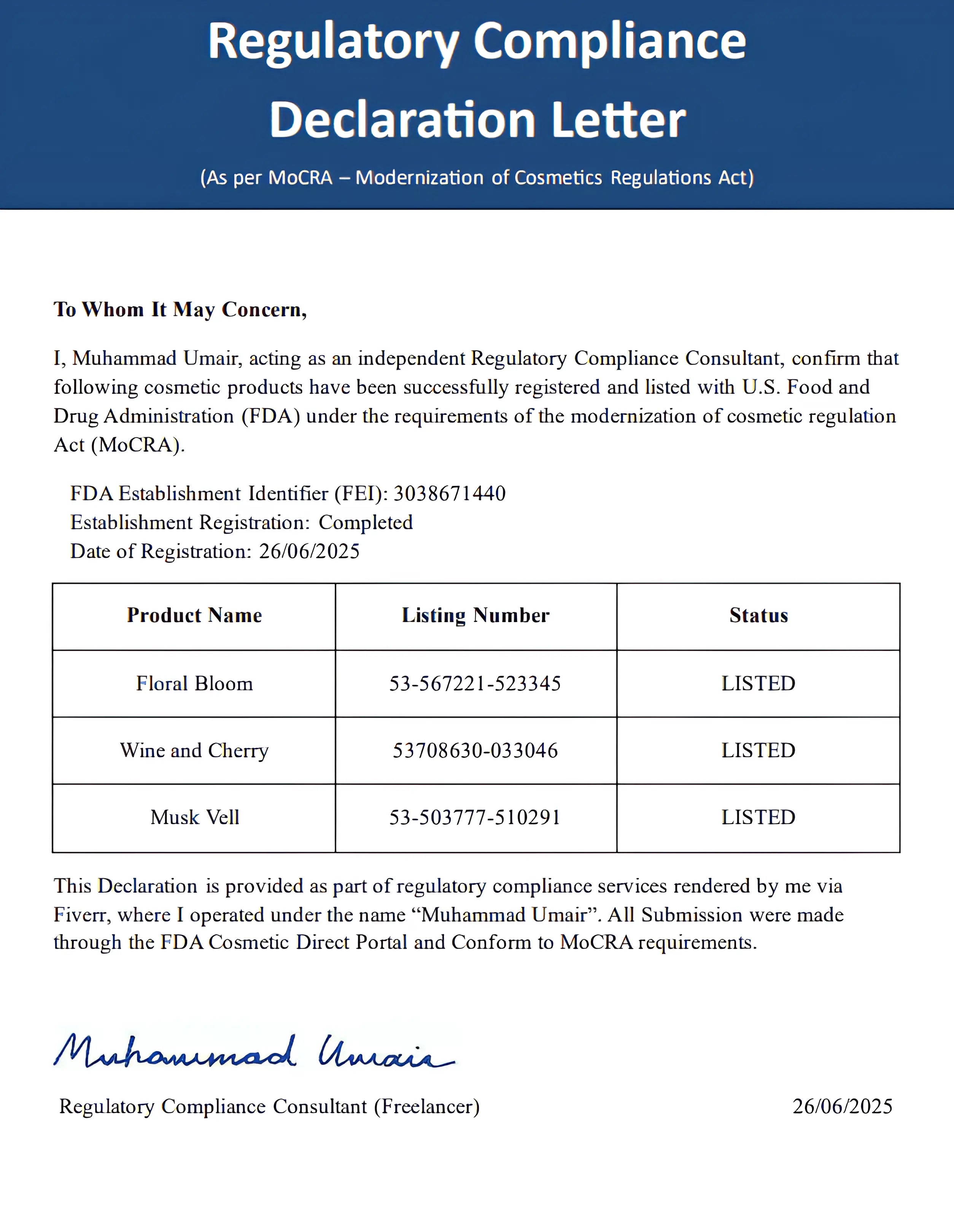 Regulatory Compliance Declaration Letter for cosmetic products listed with FDA, signed by Muhammad Umar.