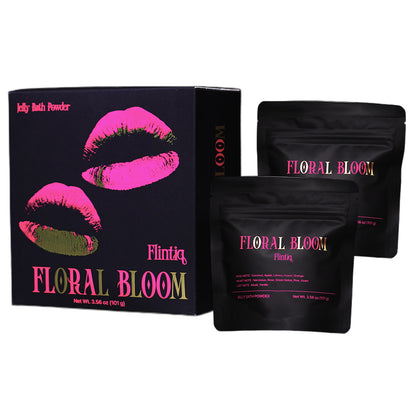 Floral Bloom bath powder packaging with pink lips design on a white background