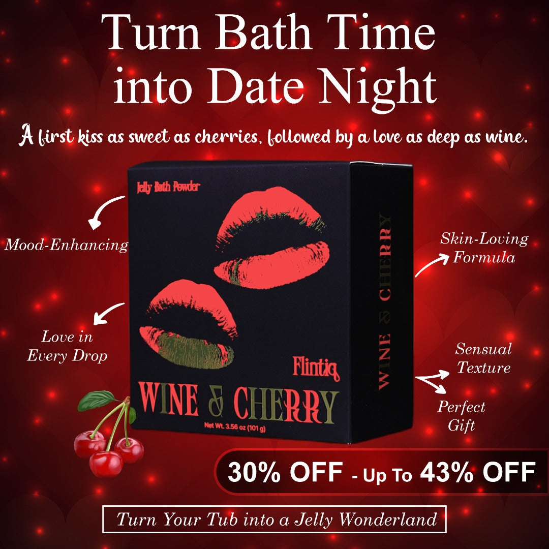 Promotional image of a product packaging with cherry and wine theme on a red background.